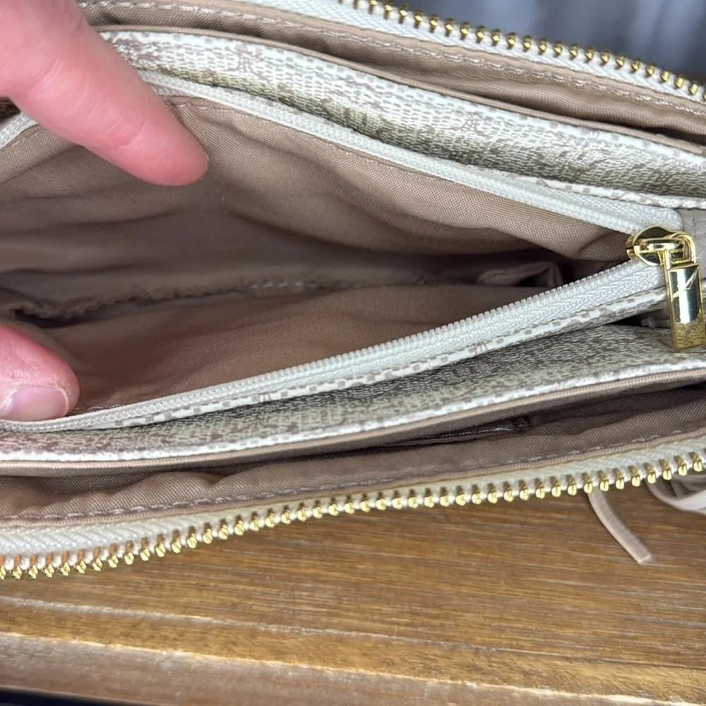 Nanette Lepore Triple Section Almond Pebble Faux Leather Monogram 2 Way Wear Bag